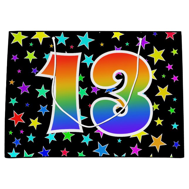 Farbenfrohe Sterne + Regenbogenmuster "13" Event # Große Geschenktüte (Vorderseite)