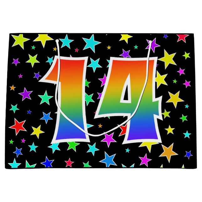 Farbenfrohe Sterne + Regenbogenmuster "14" Event # Große Geschenktüte (Vorderseite)