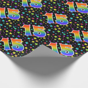 Farbenfrohe Sterne + Regenbogenmuster "15" Ereigni Geschenkpapier
