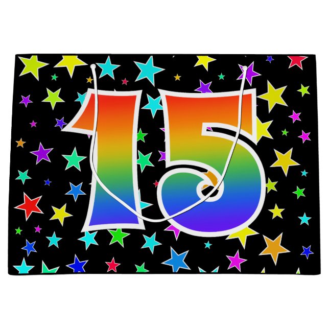 Farbenfrohe Sterne + Regenbogenmuster "15" Event # Große Geschenktüte (Vorderseite)