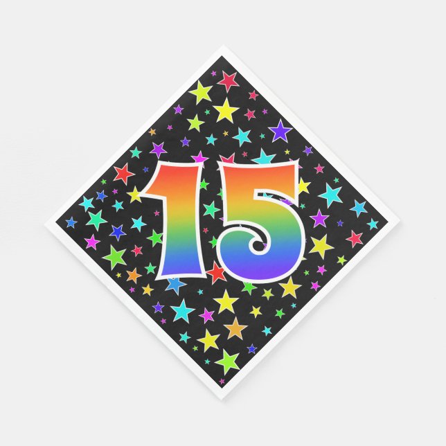 Farbenfrohe Sterne + Regenbogenmuster "15" Event # Serviette (Ecke)