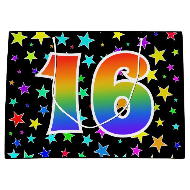 Farbenfrohe Sterne + Regenbogenmuster "16" Event # Große Geschenktüte (Vorderseite)