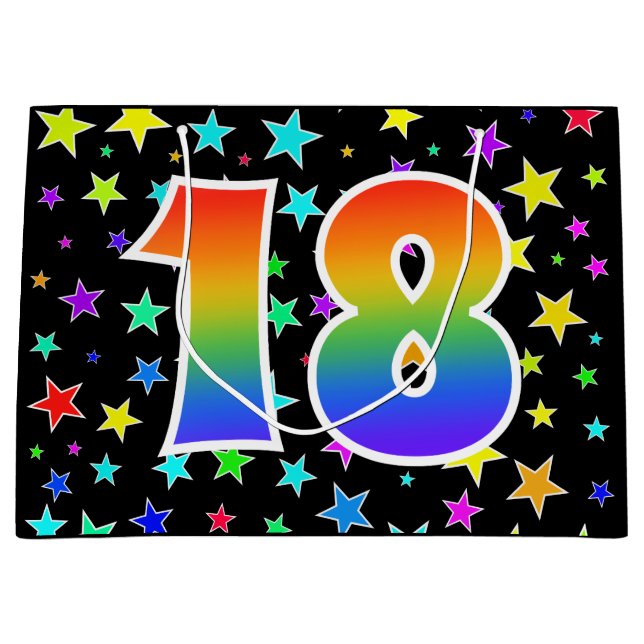 Farbenfrohe Sterne + Regenbogenmuster "18" Event # Große Geschenktüte (Vorderseite)