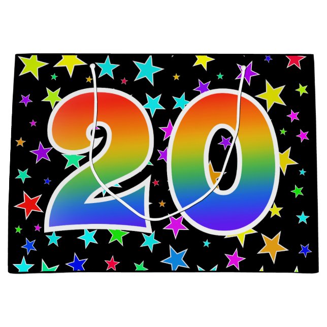 Farbenfrohe Sterne + Regenbogenmuster "20" Event # Große Geschenktüte (Vorderseite)