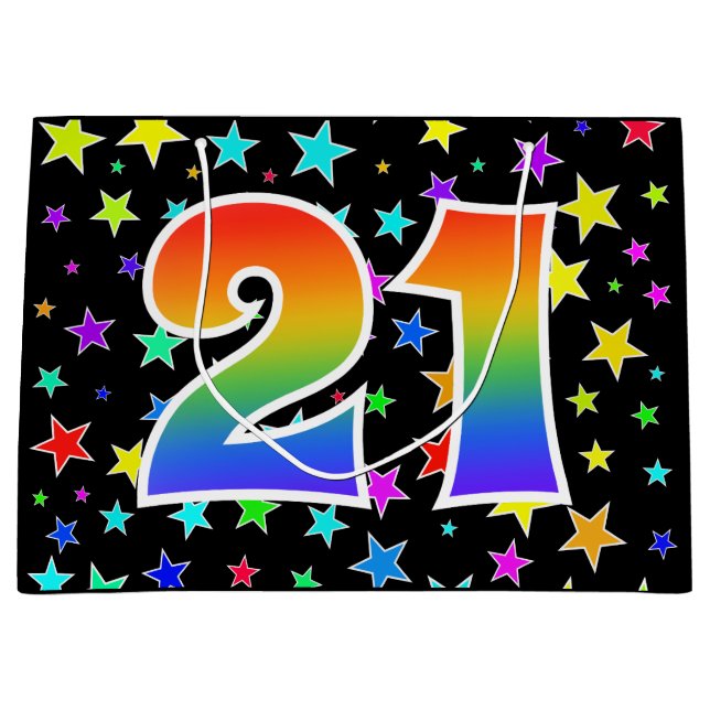 Farbenfrohe Sterne + Regenbogenmuster "21" Event # Große Geschenktüte (Vorderseite)