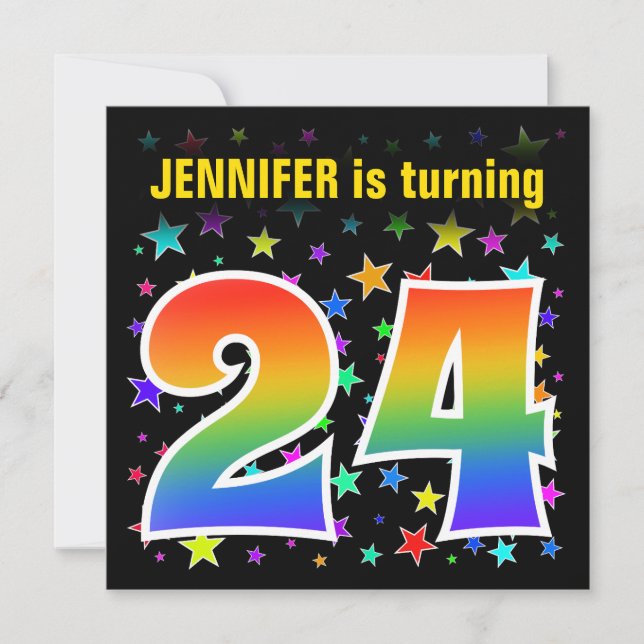 Farbenfrohe Sterne + Regenbogenmuster "24" Geburts Einladung (Vorderseite)