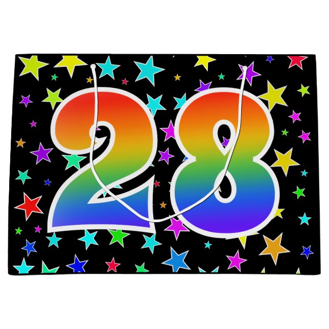 Farbenfrohe Sterne + Regenbogenmuster "28" Event # Große Geschenktüte (Vorderseite)