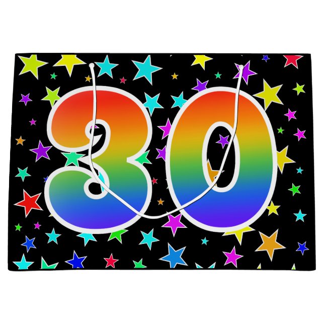 Farbenfrohe Sterne + Regenbogenmuster "30" Event # Große Geschenktüte (Vorderseite)