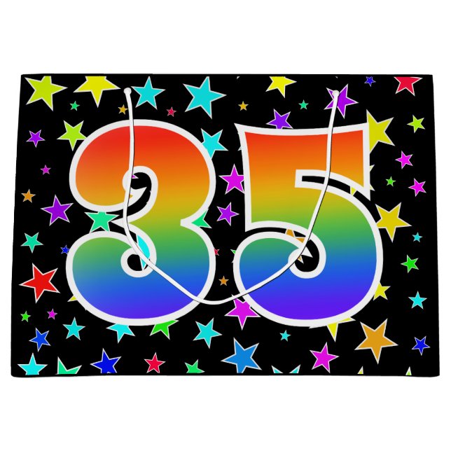 Farbenfrohe Sterne + Regenbogenmuster "35" Event # Große Geschenktüte (Vorderseite)
