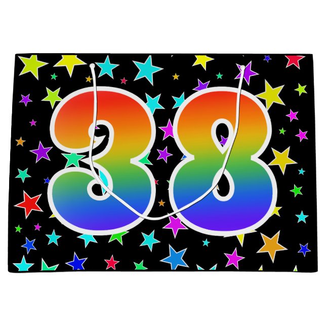 Farbenfrohe Sterne + Regenbogenmuster "38" Event # Große Geschenktüte (Vorderseite)