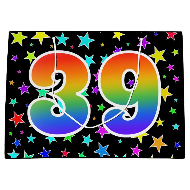Farbenfrohe Sterne + Regenbogenmuster "39" Event # Große Geschenktüte (Vorderseite)