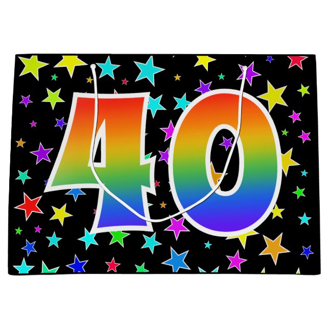 Farbenfrohe Sterne + Regenbogenmuster "40" Event # Große Geschenktüte (Vorderseite)