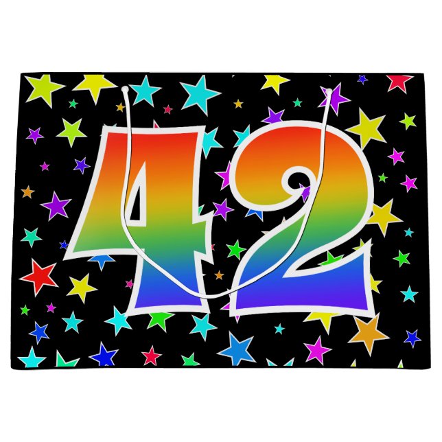 Farbenfrohe Sterne + Regenbogenmuster "42" Event # Große Geschenktüte (Vorderseite)