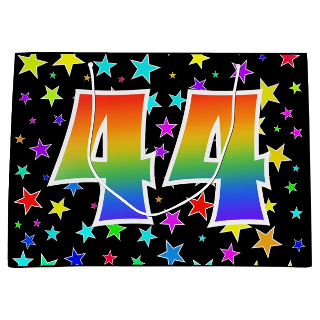 Farbenfrohe Sterne + Regenbogenmuster "44" Event # Große Geschenktüte (Vorderseite)