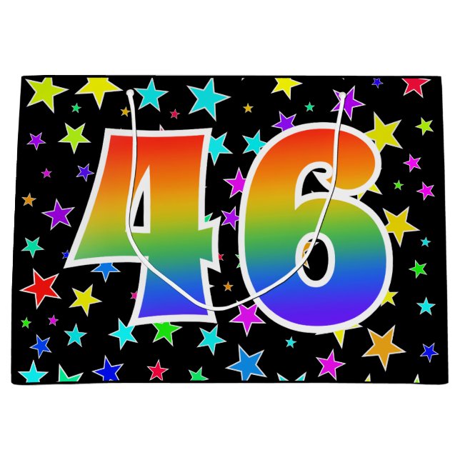 Farbenfrohe Sterne + Regenbogenmuster "46" Event # Große Geschenktüte (Vorderseite)