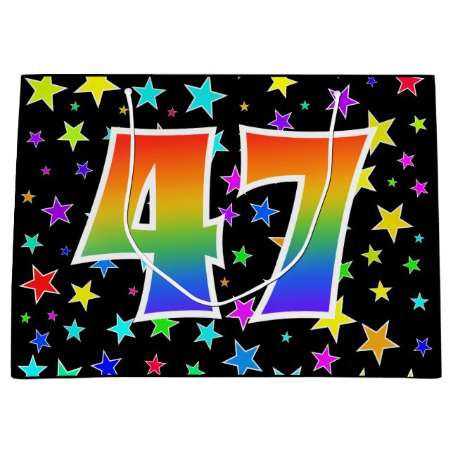 Farbenfrohe Sterne + Regenbogenmuster "47" Event # Große Geschenktüte (Vorderseite)