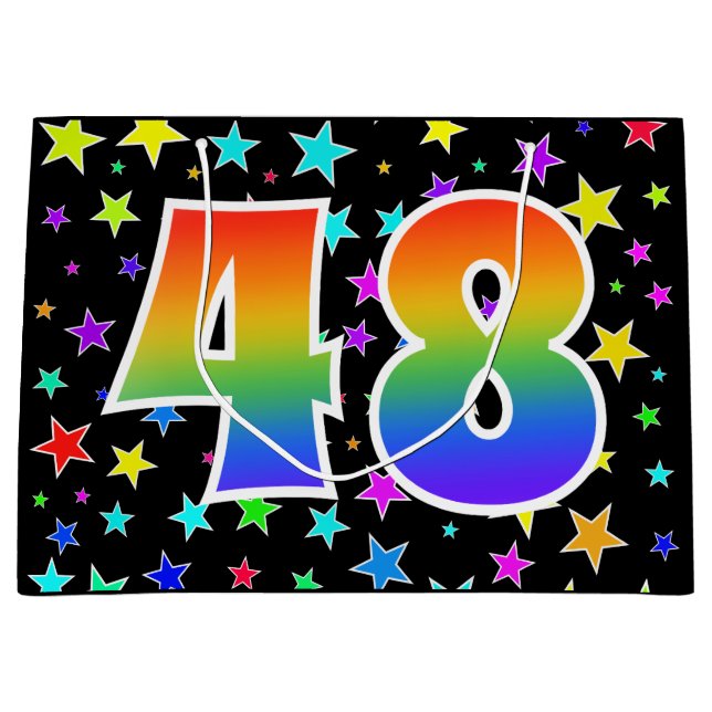 Farbenfrohe Sterne + Regenbogenmuster "48" Event # Große Geschenktüte (Vorderseite)