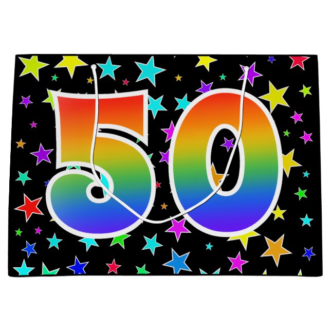 Farbenfrohe Sterne + Regenbogenmuster "50" Event # Große Geschenktüte (Vorderseite)