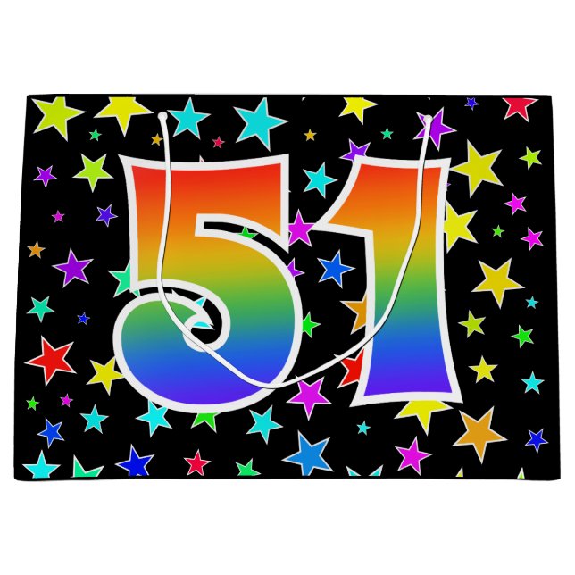 Farbenfrohe Sterne + Regenbogenmuster "51" Event # Große Geschenktüte (Vorderseite)