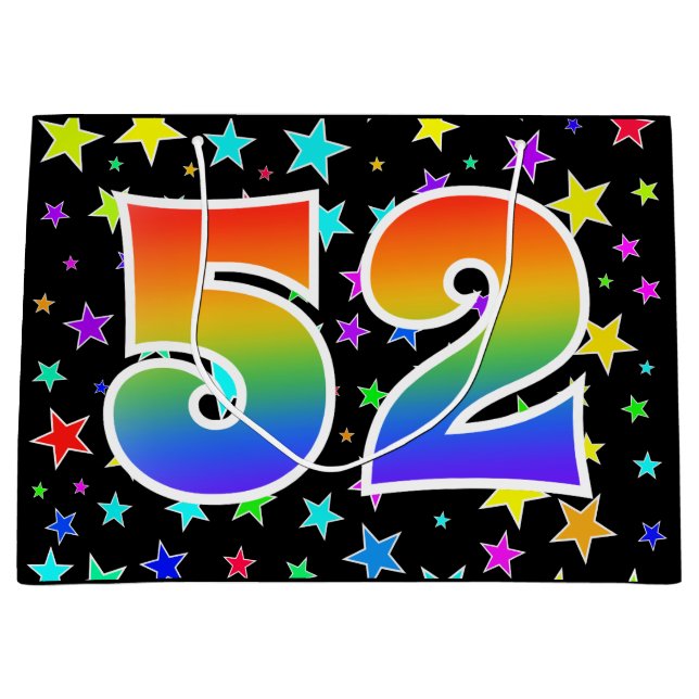 Farbenfrohe Sterne + Regenbogenmuster "52" Event # Große Geschenktüte (Vorderseite)