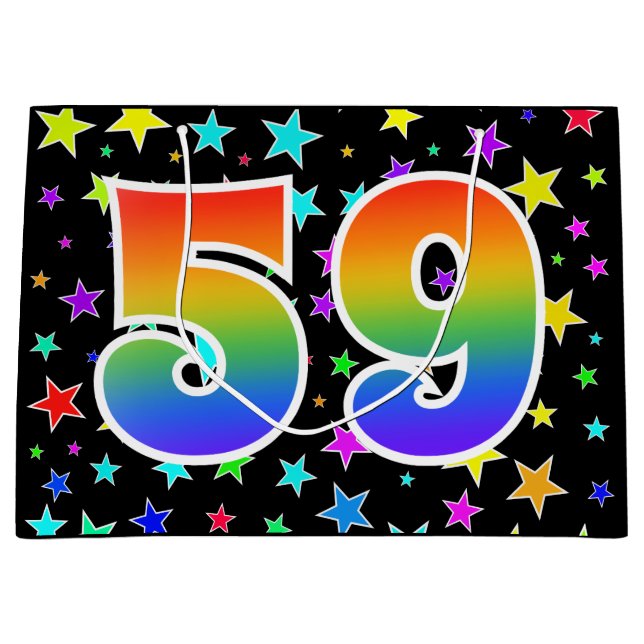Farbenfrohe Sterne + Regenbogenmuster "59" Event # Große Geschenktüte (Vorderseite)