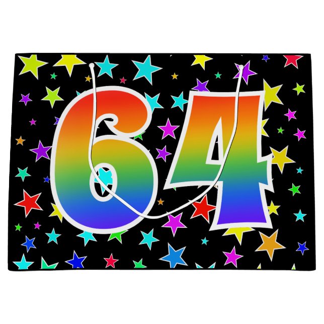 Farbenfrohe Sterne + Regenbogenmuster "64" Event # Große Geschenktüte (Vorderseite)