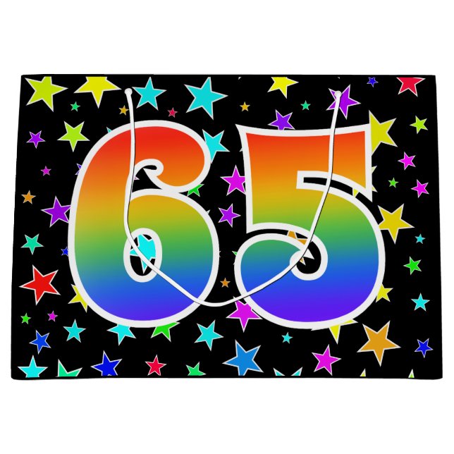 Farbenfrohe Sterne + Regenbogenmuster "65" Event # Große Geschenktüte (Vorderseite)