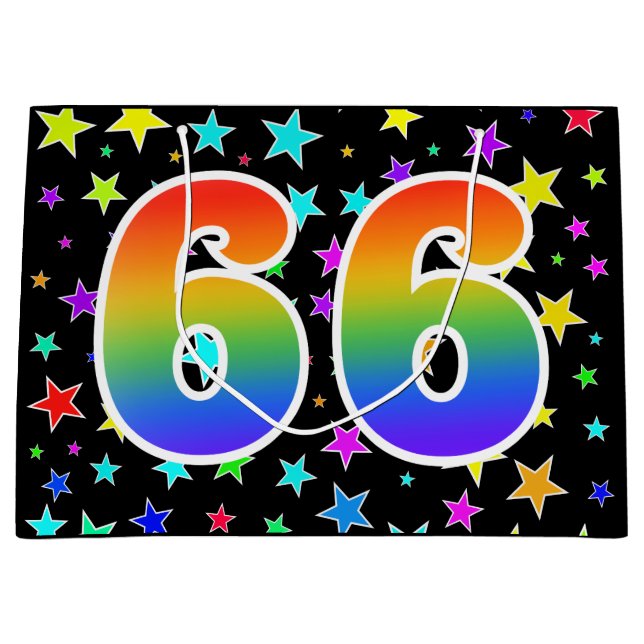 Farbenfrohe Sterne + Regenbogenmuster "66" Event # Große Geschenktüte (Vorderseite)