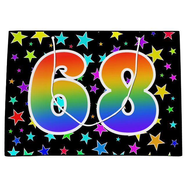 Farbenfrohe Sterne + Regenbogenmuster "68" Event # Große Geschenktüte (Vorderseite)