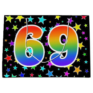 Farbenfrohe Sterne + Regenbogenmuster "69" Event # Große Geschenktüte