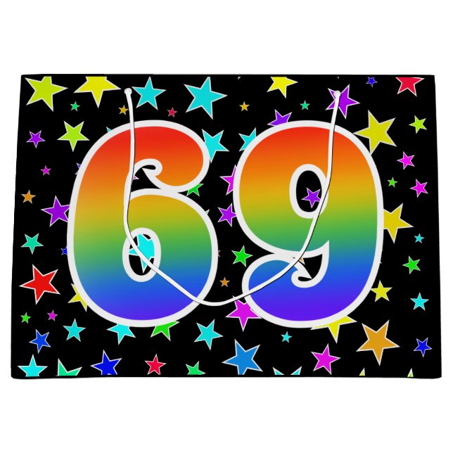 Farbenfrohe Sterne + Regenbogenmuster "69" Event # Große Geschenktüte (Vorderseite)
