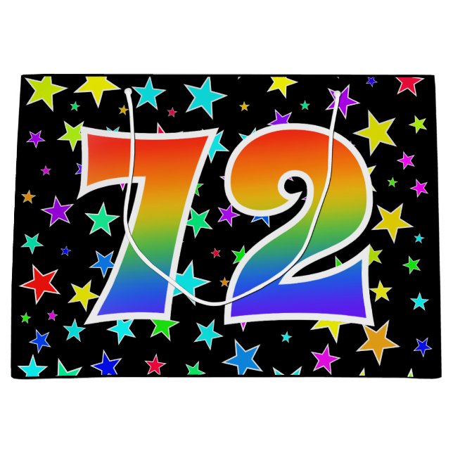 Farbenfrohe Sterne + Regenbogenmuster "72" Event # Große Geschenktüte (Vorderseite)
