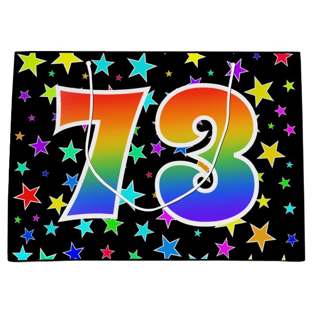 Farbenfrohe Sterne + Regenbogenmuster "73" Event # Große Geschenktüte (Vorderseite)
