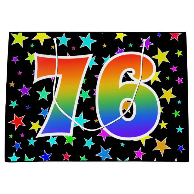 Farbenfrohe Sterne + Regenbogenmuster "76" Event # Große Geschenktüte (Vorderseite)