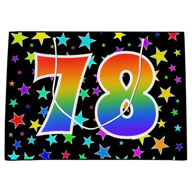 Farbenfrohe Sterne + Regenbogenmuster "78" Event # Große Geschenktüte (Vorderseite)