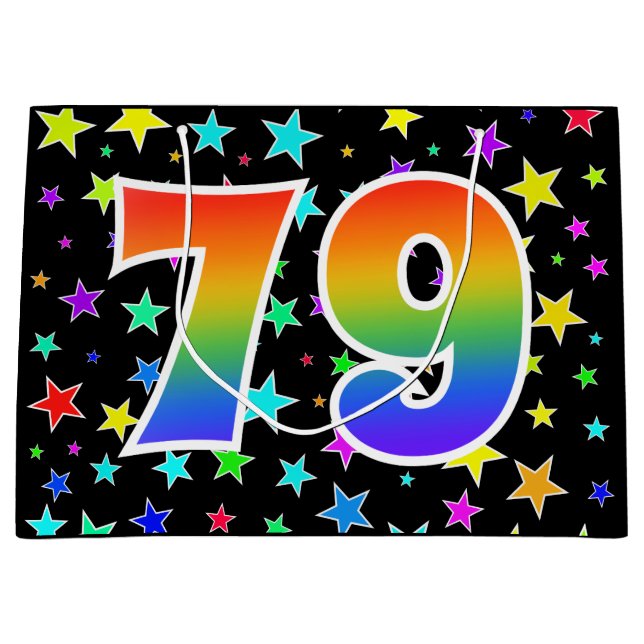 Farbenfrohe Sterne + Regenbogenmuster "79" Event # Große Geschenktüte (Vorderseite)