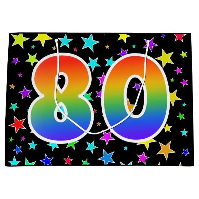 Farbenfrohe Sterne + Regenbogenmuster "80" Event # Große Geschenktüte (Vorderseite)