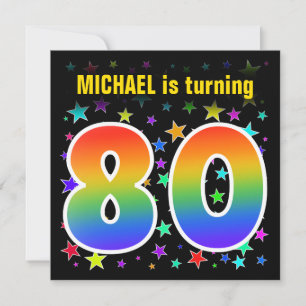 Farbenfrohe Sterne + Regenbogenmuster "80" Geburts Einladung