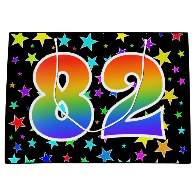 Farbenfrohe Sterne + Regenbogenmuster "82" Event # Große Geschenktüte (Vorderseite)