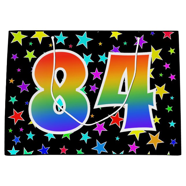 Farbenfrohe Sterne + Regenbogenmuster "84" Event # Große Geschenktüte (Vorderseite)
