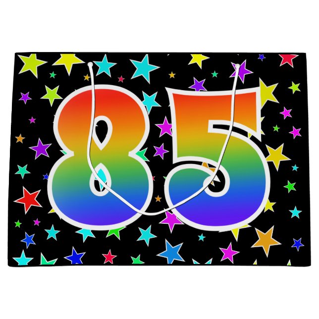 Farbenfrohe Sterne + Regenbogenmuster "85" Event # Große Geschenktüte (Vorderseite)