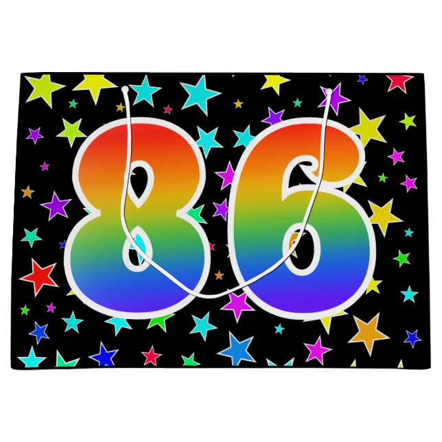 Farbenfrohe Sterne + Regenbogenmuster "86" Event # Große Geschenktüte (Vorderseite)