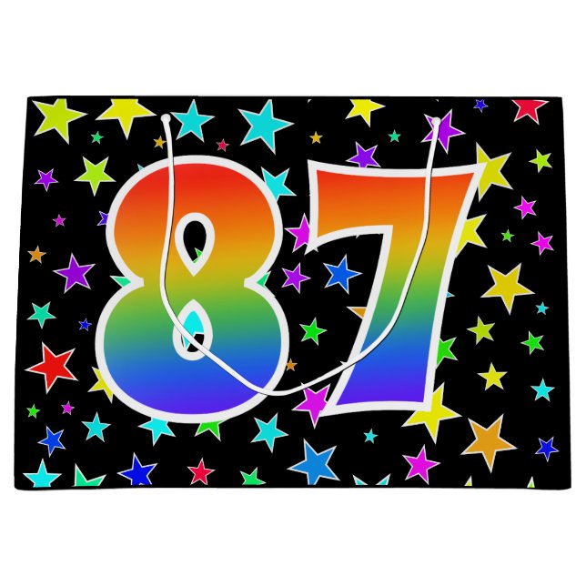 Farbenfrohe Sterne + Regenbogenmuster "87" Event # Große Geschenktüte (Vorderseite)