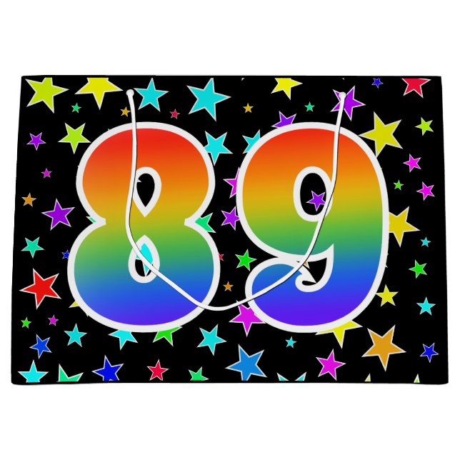 Farbenfrohe Sterne + Regenbogenmuster "89" Event # Große Geschenktüte (Vorderseite)