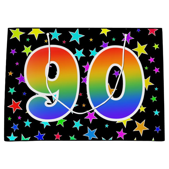 Farbenfrohe Sterne + Regenbogenmuster "90" Event # Große Geschenktüte (Vorderseite)