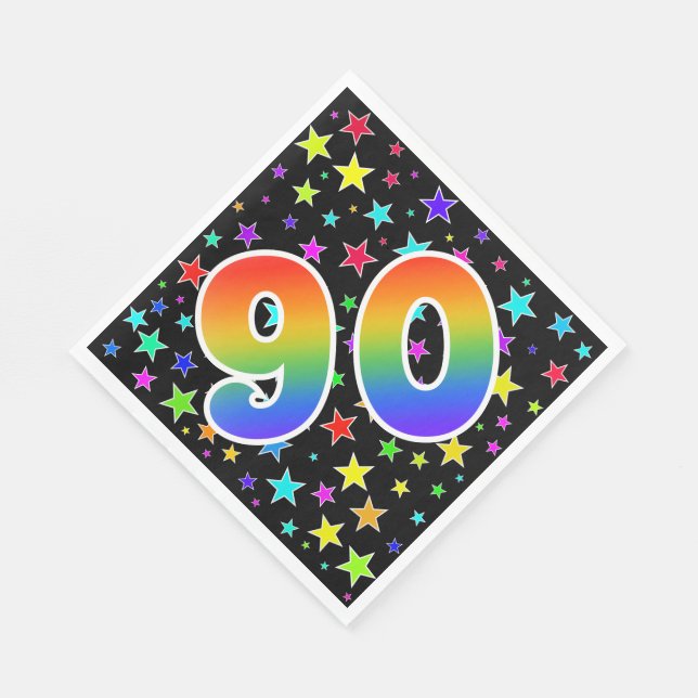 Farbenfrohe Sterne + Regenbogenmuster "90" Event # Serviette (Ecke)