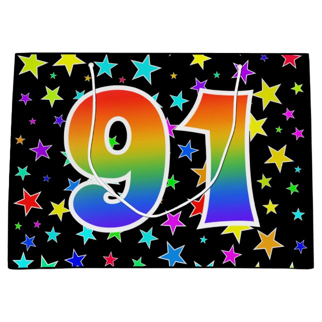 Farbenfrohe Sterne + Regenbogenmuster "91" Event # Große Geschenktüte (Vorderseite)