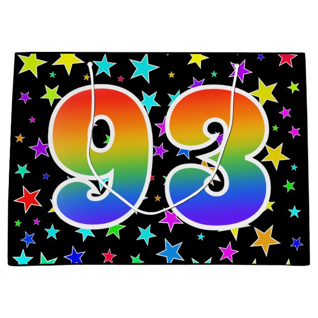 Farbenfrohe Sterne + Regenbogenmuster "93" Event # Große Geschenktüte (Vorderseite)