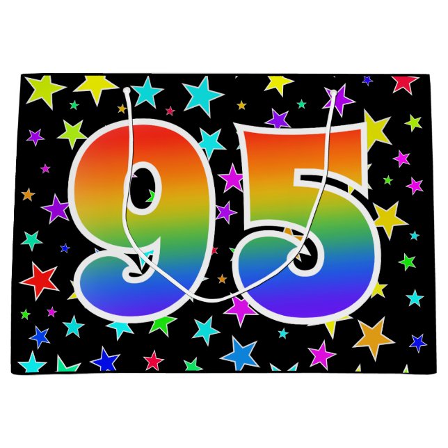 Farbenfrohe Sterne + Regenbogenmuster "95" Event # Große Geschenktüte (Vorderseite)