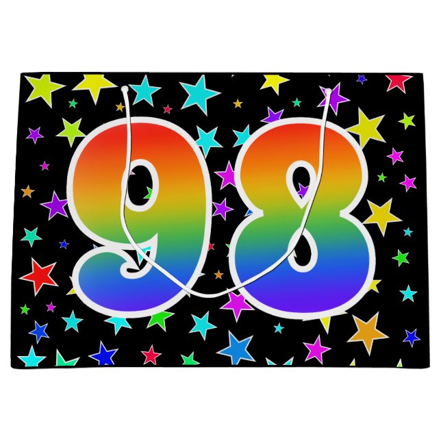 Farbenfrohe Sterne + Regenbogenmuster "98" Event # Große Geschenktüte (Vorderseite)